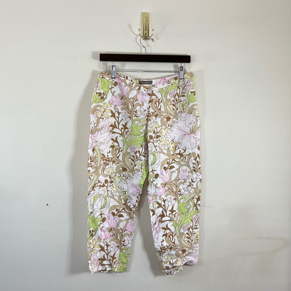 Tommy Bahama 100% Linen Floral‎ Capris Pink Green Womens 6 Vacation Boho